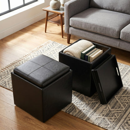 17 Inch Storage Ottoman with Tray Distressed Black Vegan Leather Cube