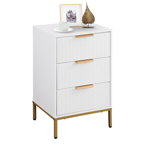 White Mid-Century Nightstand, 3 Wavy Drawers with Gold Metal Legs & Handles Bedroom End Table