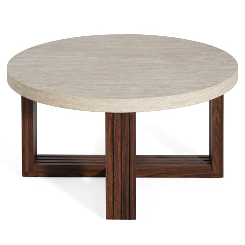 31.5inch  Round Coffee Table Marble Pattern Top Wood Grain Base Modern Accent