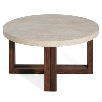 31.5inch  Round Coffee Table Marble Pattern Top Wood Grain Base Modern Accent