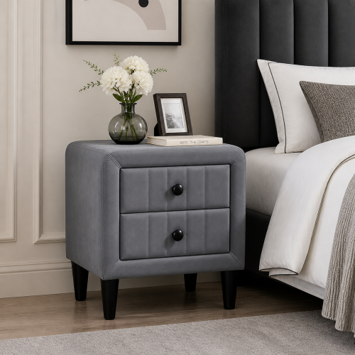 Gray Velvet Upholstered 2-Drawer Nightstand, Wood Frame & Black Legs, 20inchW