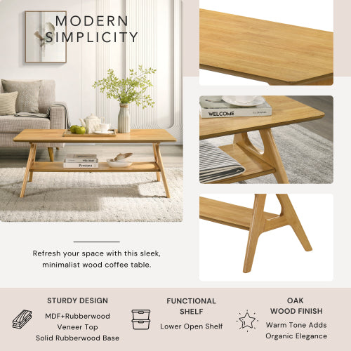 Mid Century Modern Wood Coffee Table with Storage Shelf MDF Veneer Rubberwood Base