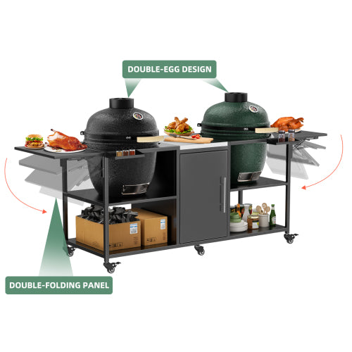 Outdoor Grill Cart for Two Big Green Egg, Metal Grill Table Compatible with Large Big Green Egg,Kamado Joe 18 Inch,and other similar models