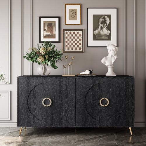 Distressed Black Modern Lacquered 4-Door Wooden Sideboard MDF Metal Leg Adjustable Shelf Home Storage Cabinet