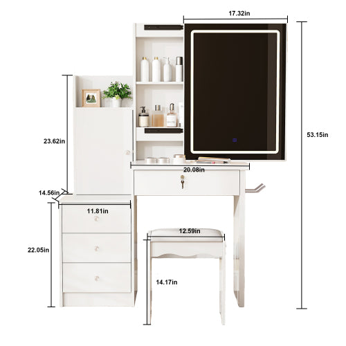 White Vanity Desk Set with Sliding Lighted Mirror, 4 Drawers & 9 Storage Spaces, Hidden Compartments, Cushioned Stool