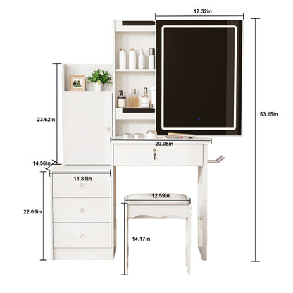 White Vanity Desk Set with Sliding Lighted Mirror, 4 Drawers & 9 Storage Spaces, Hidden Compartments, Cushioned Stool