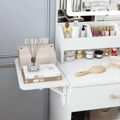 Vanity Desk with LED Mirror Lights and Power Outlet Charging Station, Makeup Dressing Table with 3 Drawers, 7 Shelves and Storage Stool, for Girls and Women (White)