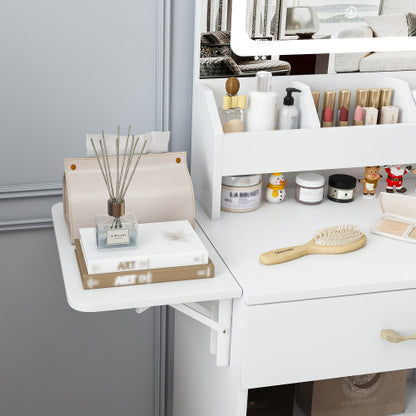 Vanity Desk with LED Mirror Lights and Power Outlet Charging Station, Makeup Dressing Table with 3 Drawers, 7 Shelves and Storage Stool, for Girls and Women (White)