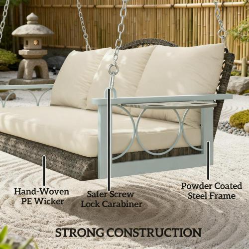 Outdoor Patio Porch Swing Bench with Cup Holders, Cushions 3 Person Wicker Hanging