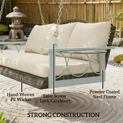 Outdoor Patio Porch Swing Bench with Cup Holders, Cushions 3 Person Wicker Hanging