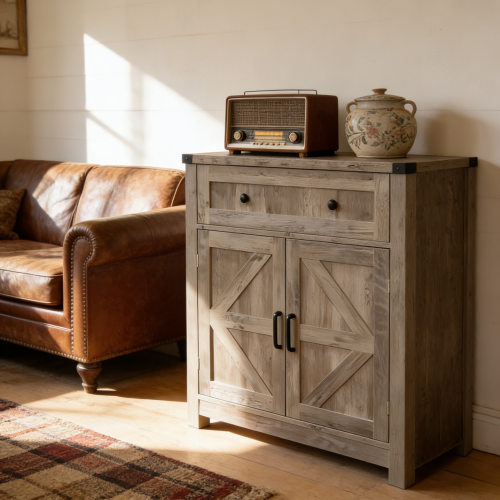 Light Gray-Washed Wood Farmhouse Barn-Door Storage Cabinet, Coffee Bar Buffet Sideboard with Drawer for Kitchen & Living Room