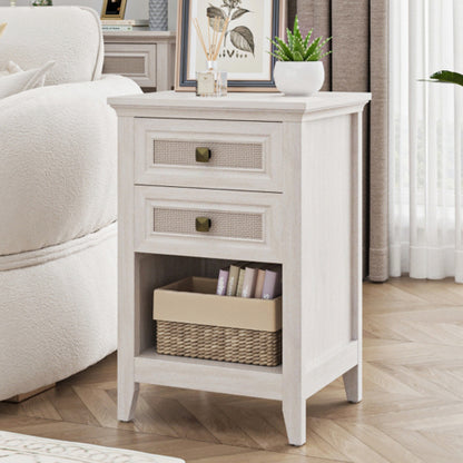 Grayish White Boho Rattan Nightstand with 2 Drawers & Open Shelf