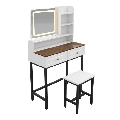 White Amber Glass Vanity Desk, 360° Rotatable LED Mirror, USB?AC Power Outlet, Metal Legs & PU Stool