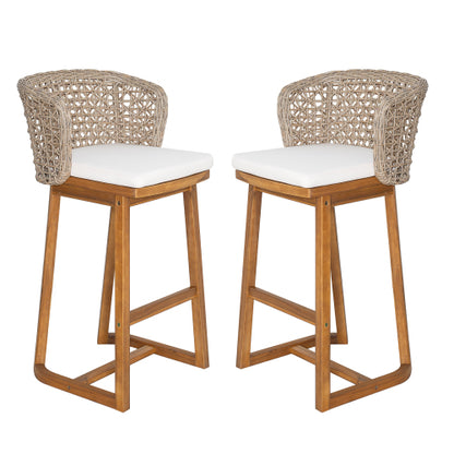 Outdoor Acacia Wood Bar Stools (Set of 2), Teak Finish Bar Height Chairs with Beige Cushion & Light Brown Wicker Back, Counter Height Stools for Patio, Poolside, Kitchen Island