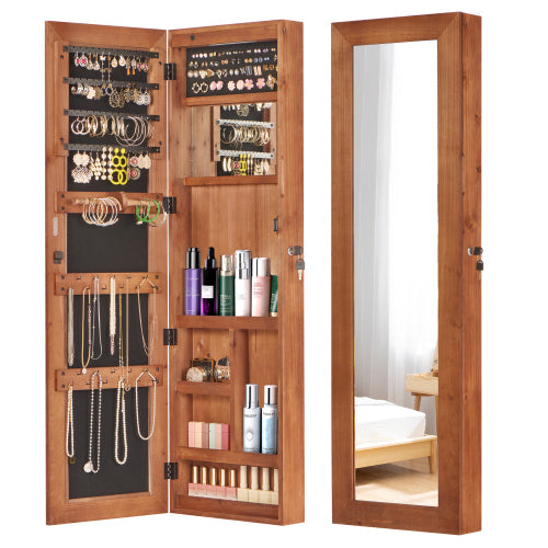 Solid Wood Jewelry Armoire Organizer Cabinet with Full-Length Mirror, 47.5x14.3 in Wall-Mounted Lockable with LED Light