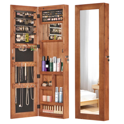 Solid Wood Jewelry Armoire Organizer Cabinet with Full-Length Mirror, 47.5x14.3 in Wall-Mounted Lockable with LED Light