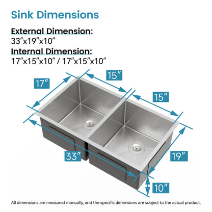 33"x19" Embedded Double Bowl Kitchen Sink, Undermount Handmade Sink in Brushed (Sink only)