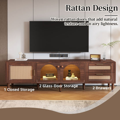 70.8 inch Dark Brown App Control LED Rattan TV Stand Glass Storage For 80 Inch TV