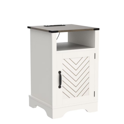 White Rustic Oak Farmhouse Nightstand with Charging Station