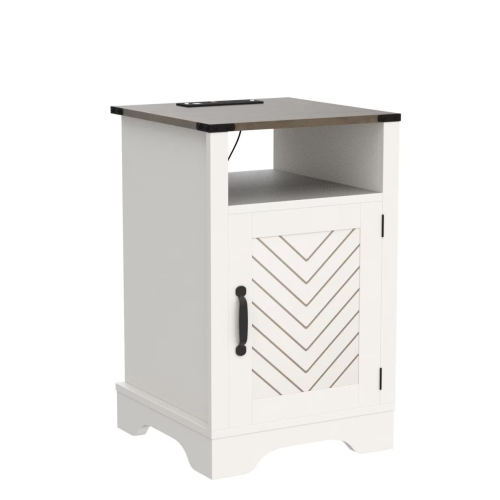 White Rustic Oak Farmhouse Nightstand with Charging Station