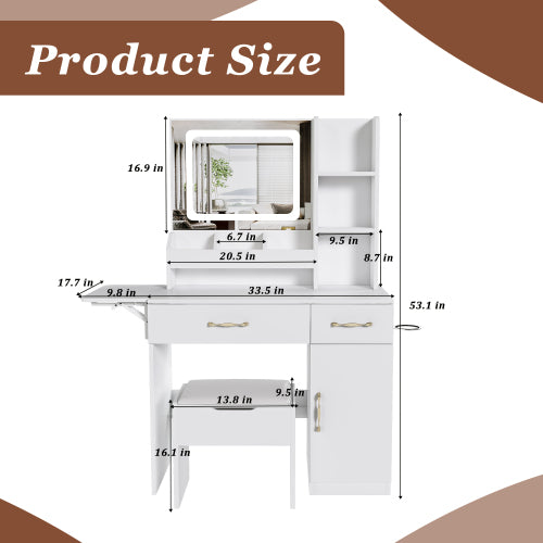 Vanity Desk with LED Mirror Lights and Power Outlet Charging Station, Makeup Dressing Table with 3 Drawers, 7 Shelves and Storage Stool, for Girls and Women (White)