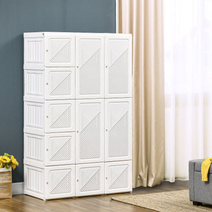 Portable Wardrobe Closet, Folding Bedroom Armoire, Clothes Storage Organizer with 11 Cube Compartments, Hanging Rod, Magnet Doors, White