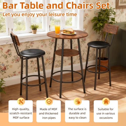 3 Pieces Round Bar Table and Chairs Set, Small Dining Table for 2 with 2-Tier Storage & 2 PU Upholstered Bar Stools for Kitchen, Dining Room, Living Room, Bar, Cafe, Small Space Corner, Rustic Brown