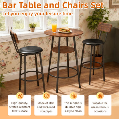3 Pieces Round Bar Table and Chairs Set, Small Dining Table for 2 with 2-Tier Storage & 2 PU Upholstered Bar Stools for Kitchen, Dining Room, Living Room, Bar, Cafe, Small Space Corner, Rustic Brown