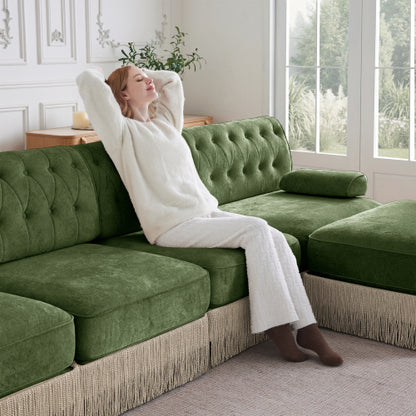 Green Velvet Ottoman with Modular Sectional Sofa Style Design