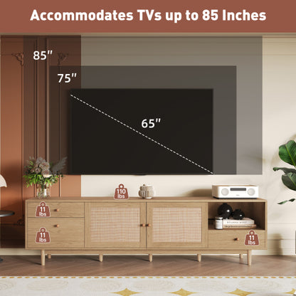 76.6 inch Natural Real Rattan TV Stand 3 Drawer Entertainment Center Fits 65¨C85 Inch TV