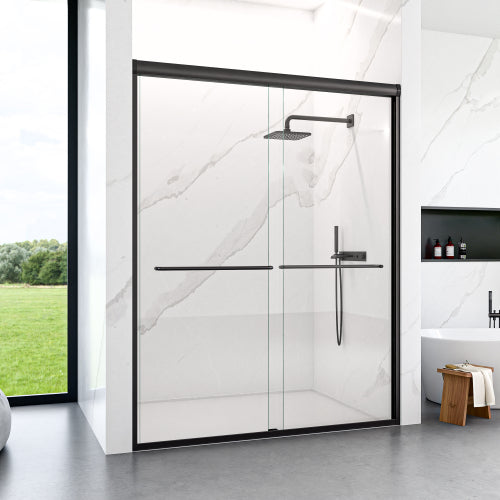 56"-60"W*72" H Semi-Frameless Double Sliding Shower Door, Bypass Shower Door, 1/4" (6mm) Thick SGCC Tempered Glass Door, Matte Black