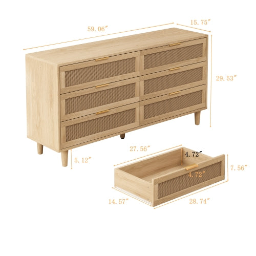 Natural Tone 6-Drawer Rattan Storage Cabinet Anti-Tipping Design Household Bedroom Living Room Multi-Functional Drawer Chest