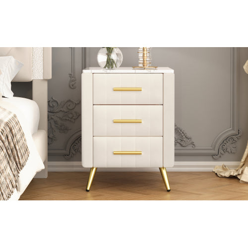 Upholstered Wooden Nightstand with 3 Drawers and Metal Legs&Handles, Bedside Table with Marbling Stickers Worktop - Beige
