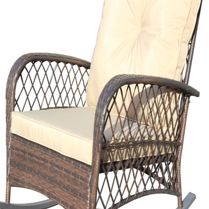 Outdoor Wicker Rocking Chair with Wide Seat, Thick, Soft Cushion, Rattan Rocker w/Steel Frame, High Weight Capacity for Patio, Garden, Backyard, Shallow brown Cushion