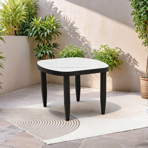 Modern Outdoor Elegance Arc 23.6''Side Table with Greek White Marble-Inspired Sintered Stone Top, Aluminum Frame,Ember Black Finish, Post Tapered Legs & Rounded Corners,Weatherproof & Rust-Free