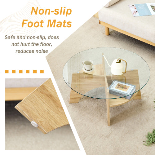 31.5 Inch Round Tempered Glass Coffee Table, Fan-Shaped Wood Grain Pedestal Table for Living Room & Office
