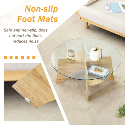 31.5 Inch Round Tempered Glass Coffee Table, Fan-Shaped Wood Grain Pedestal Table for Living Room & Office