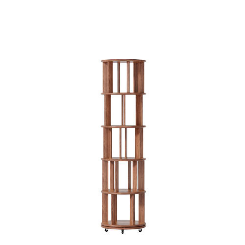 5-Tier Solid Wood Rotating Bookshelf with Wheels Walnut