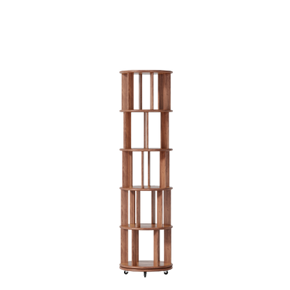 5-Tier Solid Wood Rotating Bookshelf with Wheels Walnut