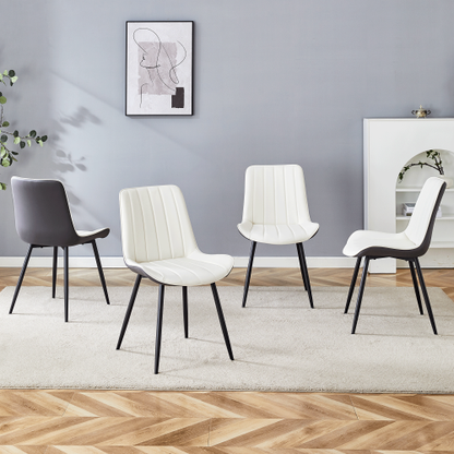 Set of 4 White & Dark Gray Spliced PU Dining Chairs, Integrated Seat & Backrest, Cross Metal Leg Structure with Anti-Slip Feet