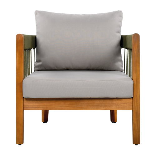 [Set of 2] Acacia Wood Outdoor Club Chair with Handwoven Rope Accents & Curved Backrest - Water-Resistant Boho Patio Lounge Chair with Removable Cushions for Porch, Garden