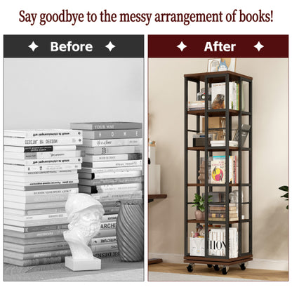 5-Tier Rotating Corner Bookcase 360¡ã Wood Display Shelf Rustic Brown