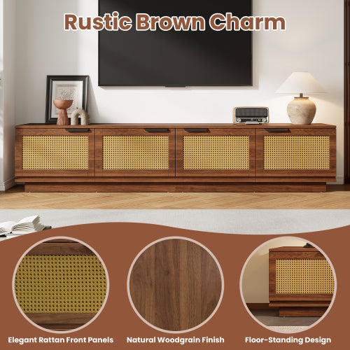 78.74 inch Walnut 4 Door PE Rattan Legless TV Stand Large Hidden Storage Media Console For 85 inch TV