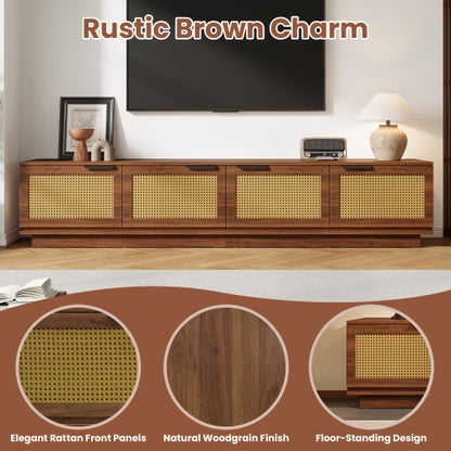 78.74 inch Walnut 4 Door PE Rattan Legless TV Stand Large Hidden Storage Media Console For 85 inch TV