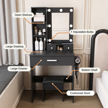 Black Compact LED Vanity Table Set, Power Outlet, Hairdryer Holder & Upholstered Stool