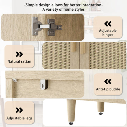 70 Inch Natural Rattan 4-Door Sideboard Adjustable Shelf Storage Cabinet With Solid Wood Legs Easy Assembly