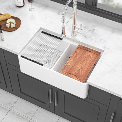 White Farmhouse Sink Workstation - 33 x 20 x 10 inch White Ceramic Porcelain Double Bowl Farm Kitchen Sink