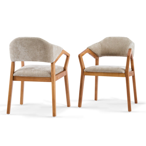 Set of 2 Oatmeal Chenille Dining Armchairs with Bent Wood Frame, Upholstered Dining Chairs