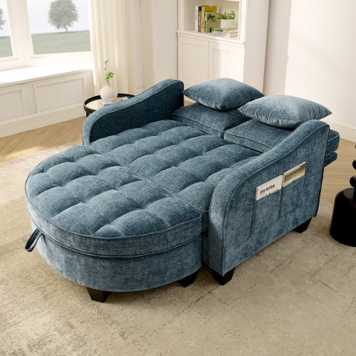 Blue 2-Seater Sofa Chaise, Irregular Armrest, Storage Footrest & 2 Pillows