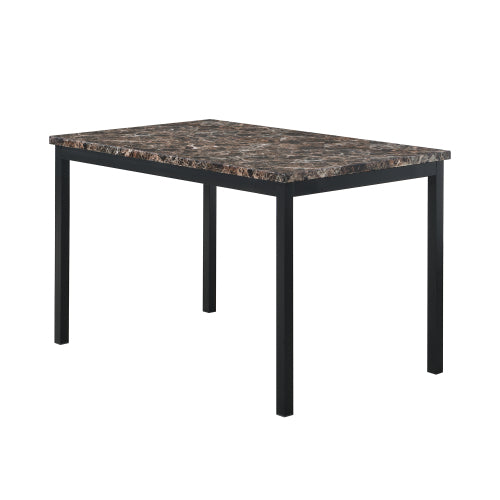 5-Piece Black Metal Dining Set, Faux Marble Top Table & 4 Dark Brown Faux Leather Chairs